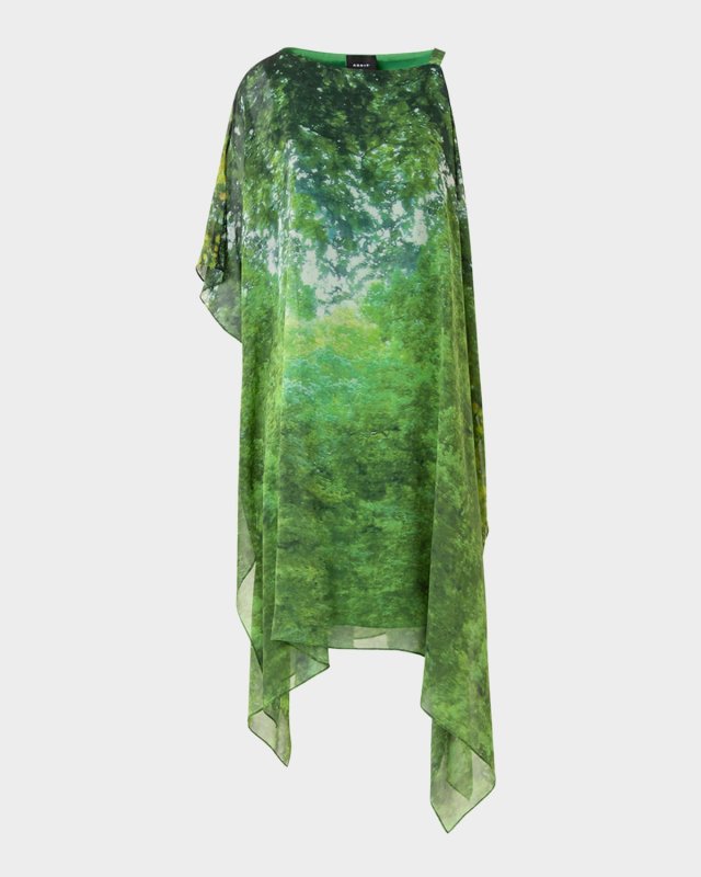 Tree-Print Off-The-Shoulder Silk Chiffon Dress